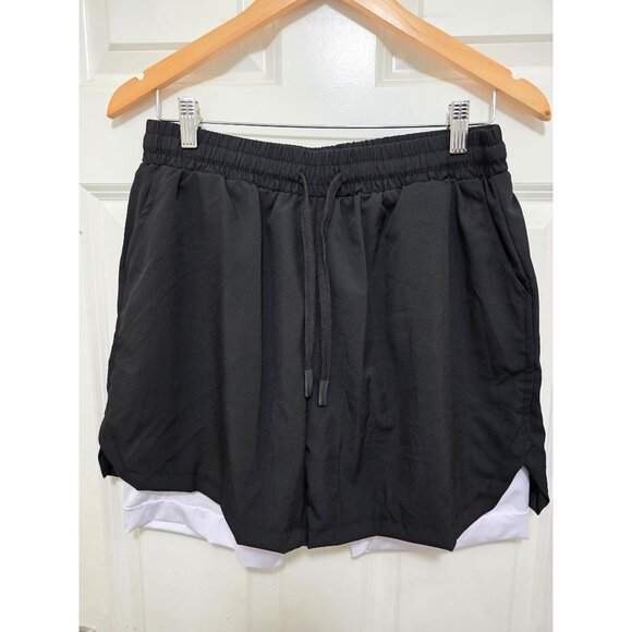 Mens 2-In-1 Black Athletic Shorts White Liner Elastic Waistband & Drawstring Zip - Picture 2 of 10